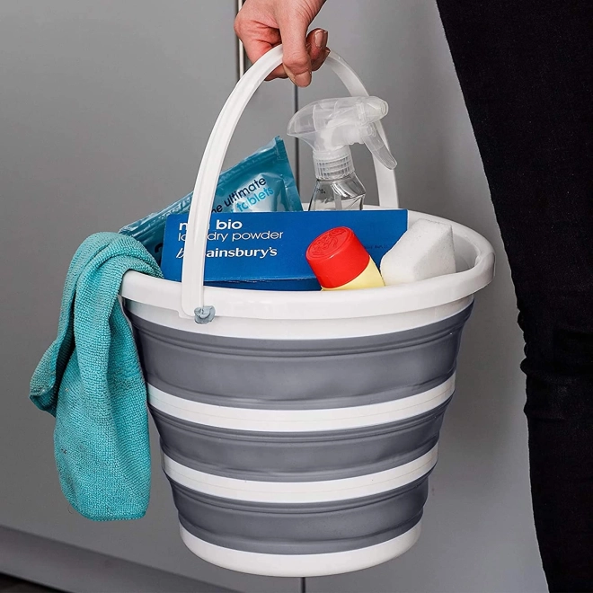 Opvouwbare verstevigde siliconen emmer 10 l – Grijs-wit