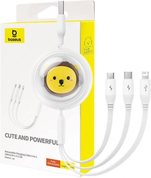 Câble de charge rétractable 3‑en‑1 BASEUS USB vers USB‑C, Micro USB et Lightning 3,5 A, 1,1 m – blanc
