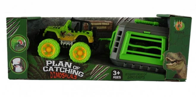 Jeep avec remorque et dinosaure