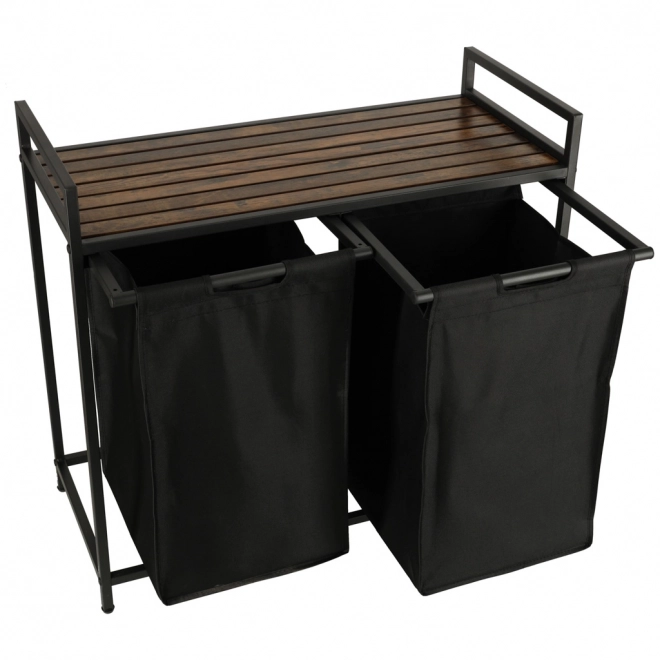 Dubbele wasmand met houten plank zwart Loft