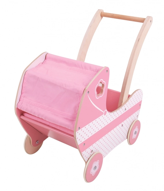 Houten roze poppenwagen
