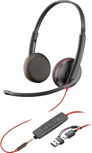 Headset POLY Blackwire 3225 USB‑C mit USB‑A‑Adapter und 3,5‑mm