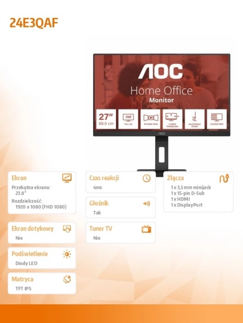 Monitor AOC 24 inch IPS HDMI DP Pivot luidsprekers