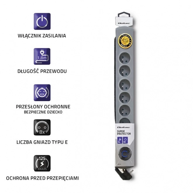 Overspanningsbeveiliging Quick Switch, 8 stopcontacten, 1,8 m, grijs