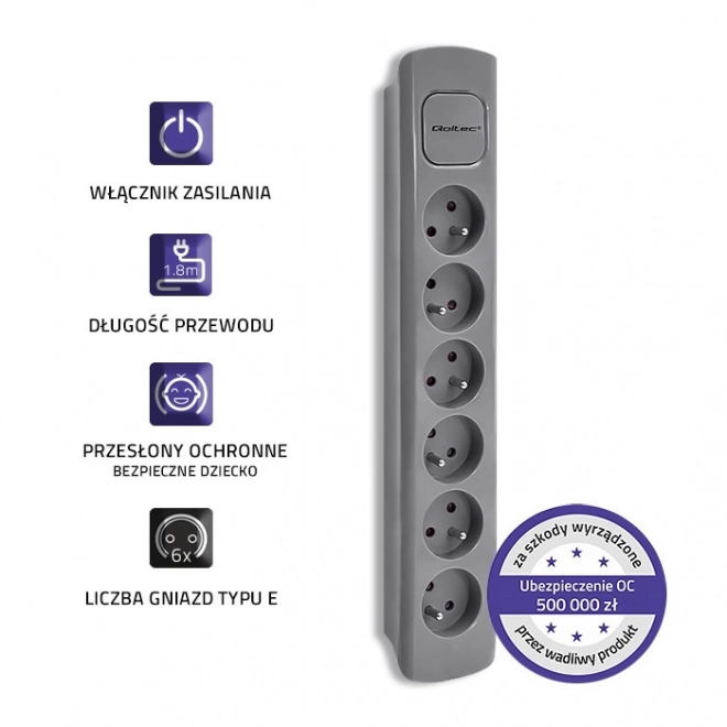 Grijze verdeelstrip met 6 stopcontacten 1,8m