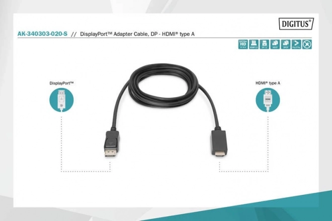 DisplayPort 1.2 adapter cable with snap-in connector 4K 60Hz UHD Type DP/HDMI A M/M black – 2 m
