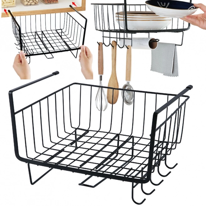 Hängender Metallorganizer unter dem Schrank mit 5 Haken und Papierhalter schwarz