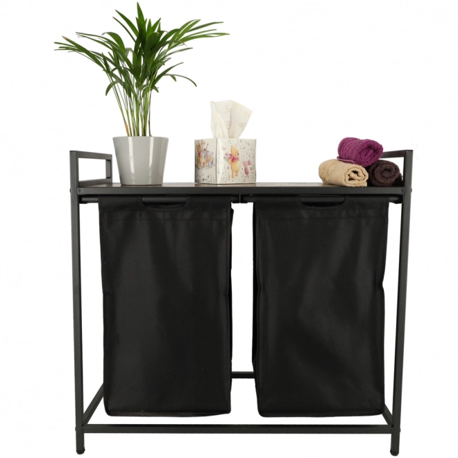 Dubbele wasmand met houten plank zwart Loft