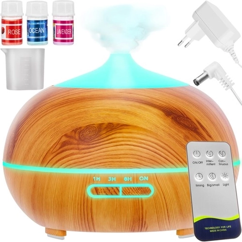 Aroma-Diffusor und Ultraschall-Luftbefeuchter 400 ml mit Ionisierung und LED, Fernbedienung + 3 Öle