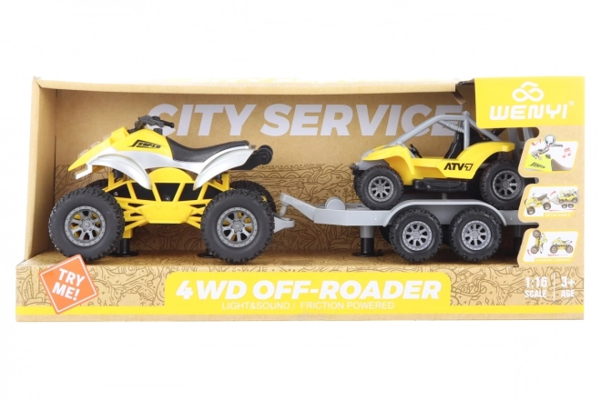 Battery-powered ATV with trailer and buggy with lights and sounds