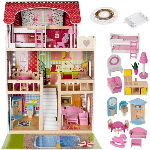 Houten poppenhuis met zwembad