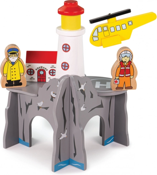 Bigjigs Rail tunnel met vuurtoren en helihaven – houten set voor de speelgoedtreinbaan