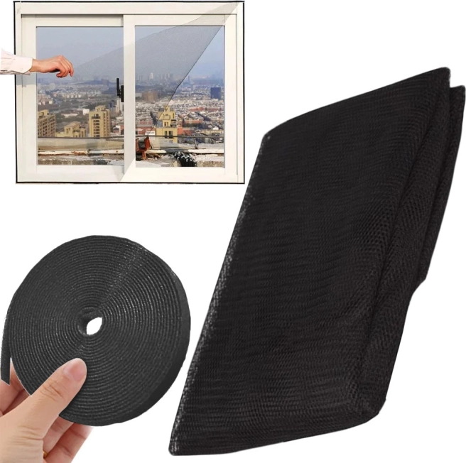 Black window insect screen with self-adhesive hook-and-loop tape 150 × 130 cm