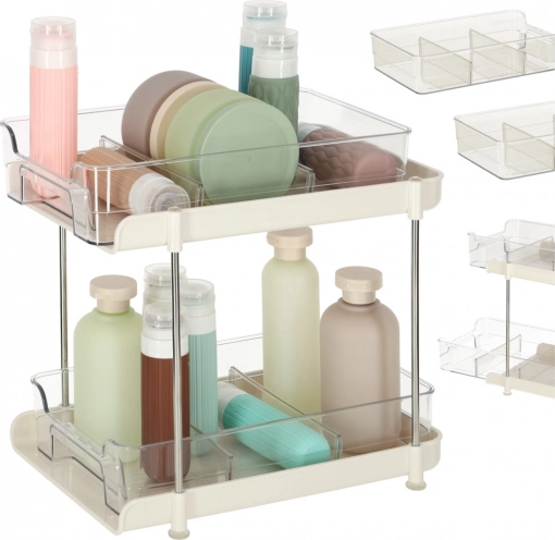 Two-tier acrylic organizer with pull-out shelves and dividers
