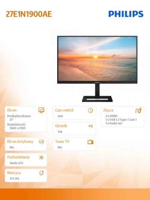 moniteur Philips 27 pouces 4K IPS HDMI USB-C avec haut-parleurs