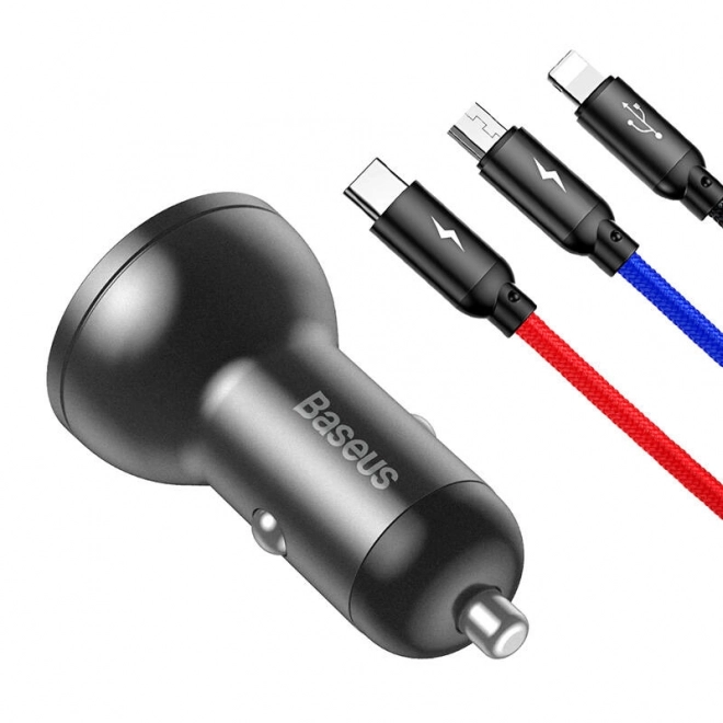 Baseus Car Charger with Display and USB 3 in 1 Cable 24W