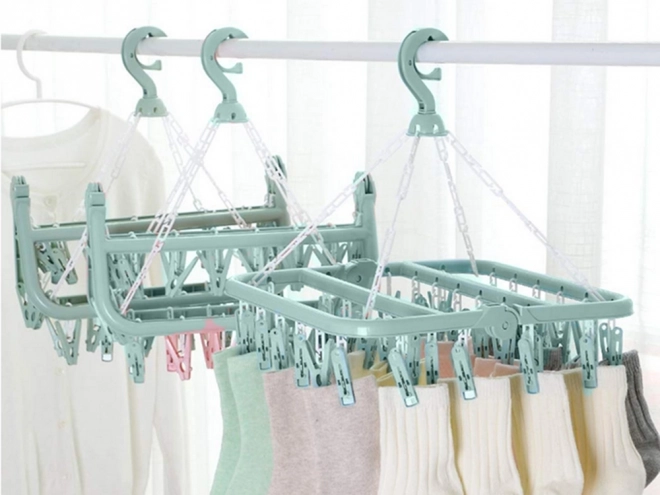 Hanging sock dryer and lingerie rack with 32 clips