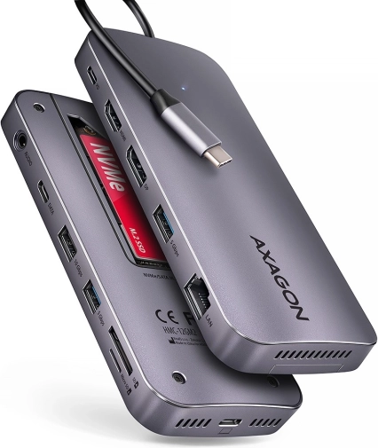 Axagon HMC-12GM2 USB‑C-hub 12-in-1 met M.2 NVMe/SATA, 10 Gb/s, HDMI/DP 4K 60 Hz, GLAN, SD/microSD, audio, PD 100 W