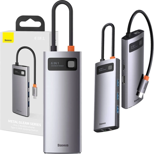 Hub USB-C 6‑en‑1 Baseus Metal Gleam avec HDMI, 3× USB 3.0, PD et Ethernet gigabit