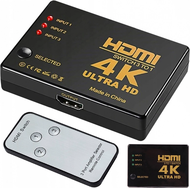 HDMI‑schakelaar 3×1 met afstandsbediening, 4K UHD