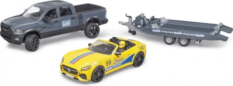 Bruder terreinpick-up RAM met aanhanger, sportwagen en figuurtje