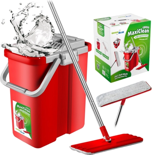 Flat Mop with Bucket and Wringer GreenBlue MaxiClean, 2× Microfiber Pads