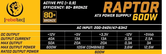 Voeding Rebeltec Raptor 600W Bronze 80+