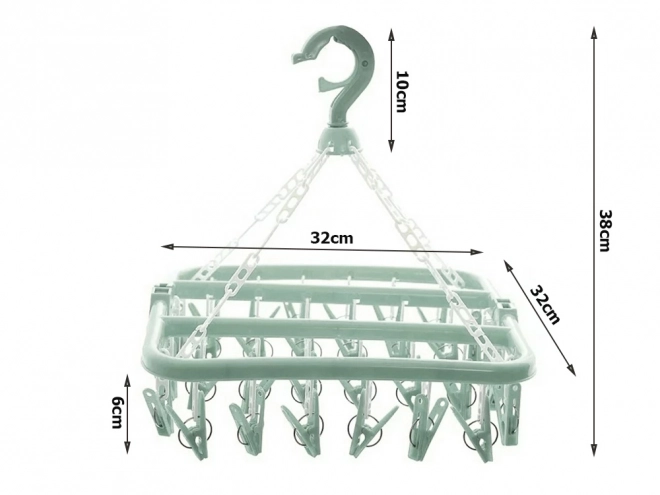 Hanging sock dryer and lingerie rack with 32 clips