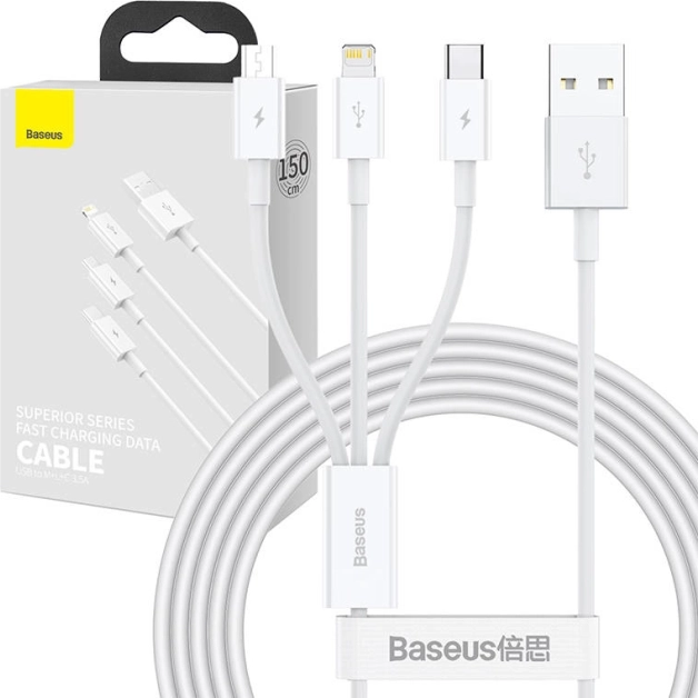 Charging and data cable 3-in-1 Baseus Superior, USB to Micro USB / USB‑C / Lightning, 3.5 A, 1.5 m, white