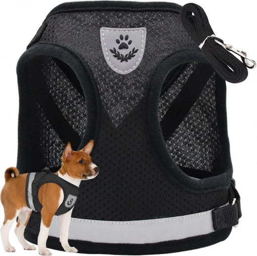 Drukvrije reflecterende tuig met riem voor honden, katten en konijnen – maat S, zwart
