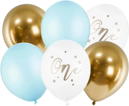 Birthday Balloons One pastel light blue and gold 30 cm, 6 pcs