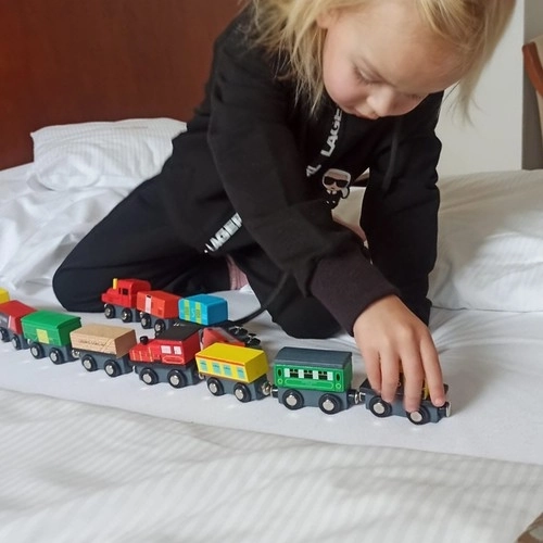 Houten treinen met wagons - 3 locomotieven en 9 wagons