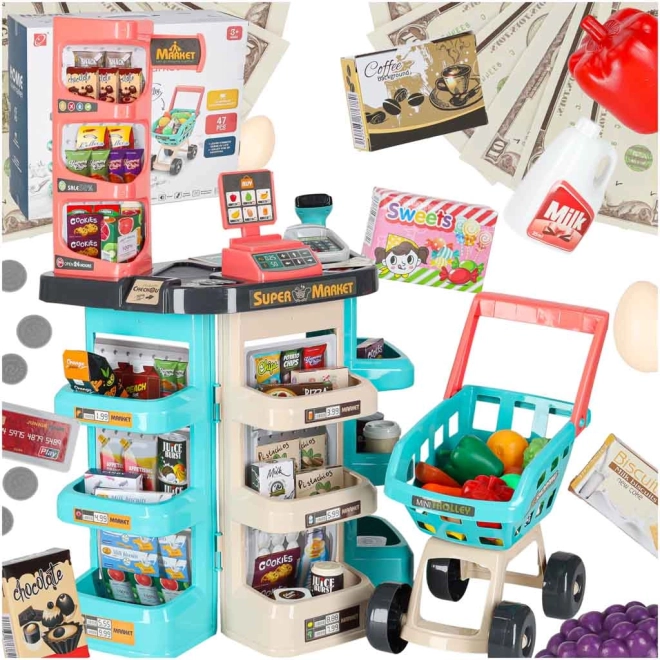 Kindersupermarkt met accessoires en winkelwagen, 47 delen, mint