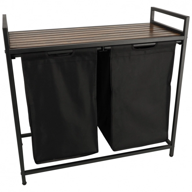 Dubbele wasmand met houten plank zwart Loft