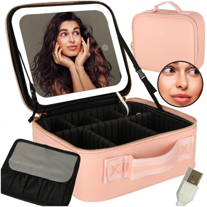 Cosmetische tas met LED-spiegel roze