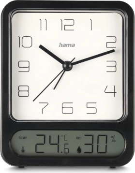 Wekker met analoge klok en digitale thermometer en hygrometer, zwart