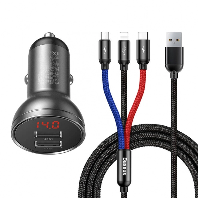 Baseus Car Charger with Display and USB 3 in 1 Cable 24W