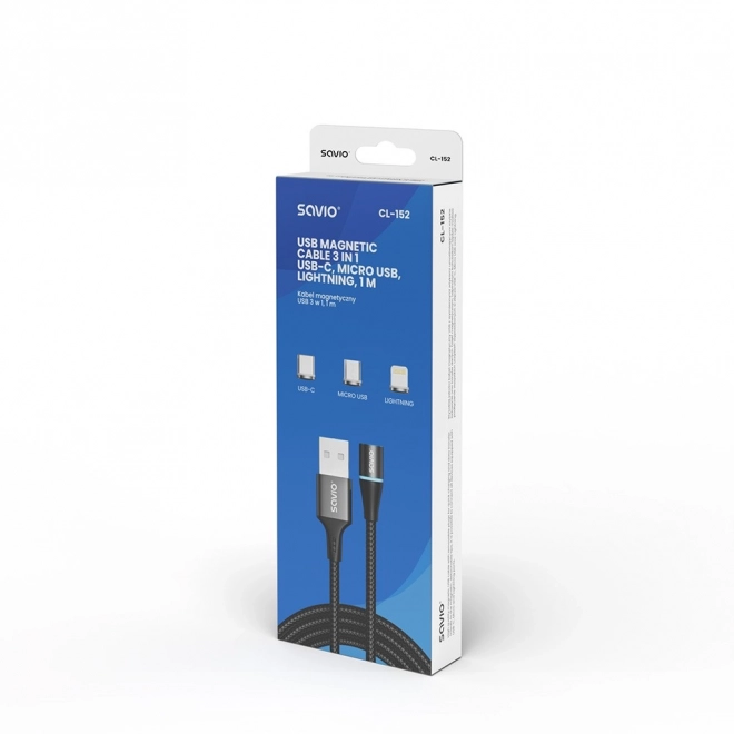 Câble USB Magnétique Savio 3 en 1 type C, Micro et Lightning, noir, 1m
