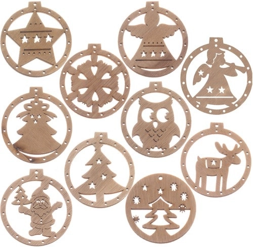 Houten kerstboomornamenten, 10 stuks met koord