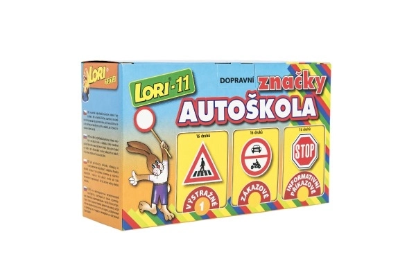Bouwset LORI 11 Rijschool Verkeersborden 16 stuks+2 kegels+auto kunststof in doos 22x13x6cm