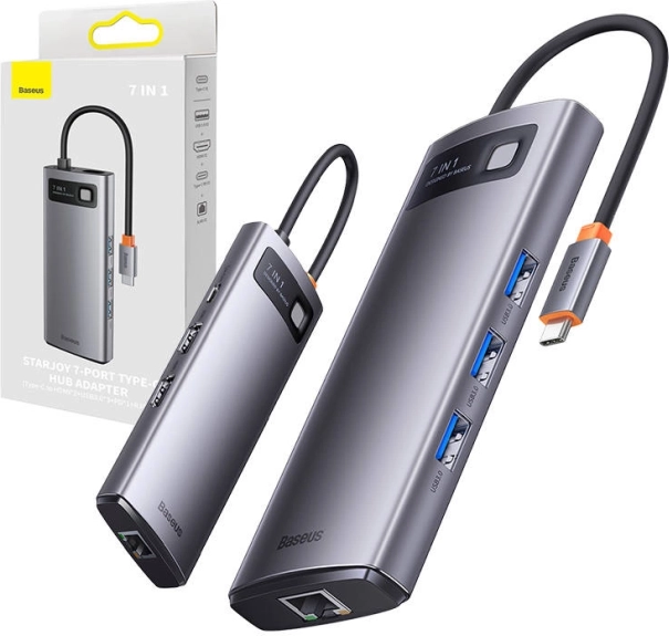 Baseus hub USB‑C 7‑en‑1 metal gleam (3× USB 3.0, HDMI, VGA, Ethernet RJ45, PD 100 W)