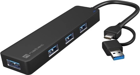 USB‑Hub NATEC Mayfly 4× USB 3.0 mit USB‑C/USB‑A‑Adapter, schwarz