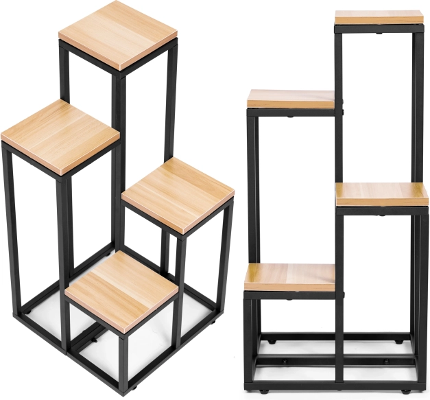 Plant Stand with Shelves - 4 Levels, Metal and Light Walnut MDF ModernHome