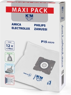 Synthetische Staubsaugerbeutel P15/Maxi – 12 Stk. + 2 Filter