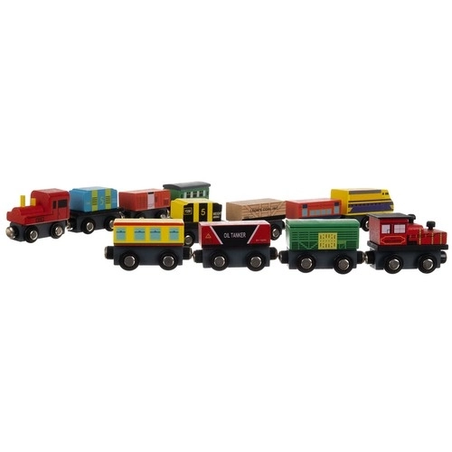 Houten treinen met wagons - 3 locomotieven en 9 wagons