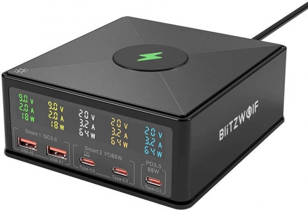 Laadstation BLITZWOLF 160 W, 3× USB‑C, 2× USB‑A met draadloos opladen