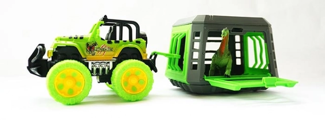 Jeep avec remorque et dinosaure