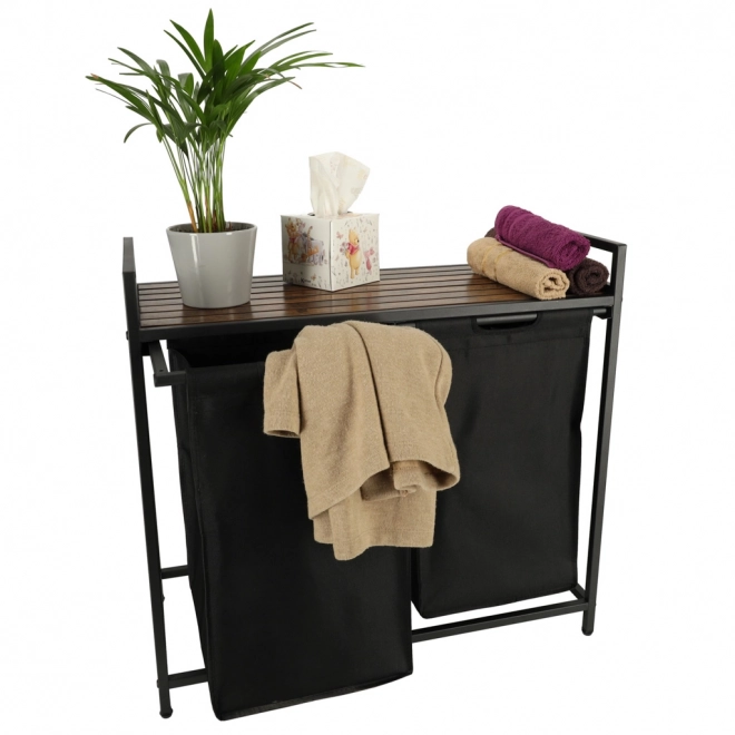 Dubbele wasmand met houten plank zwart Loft