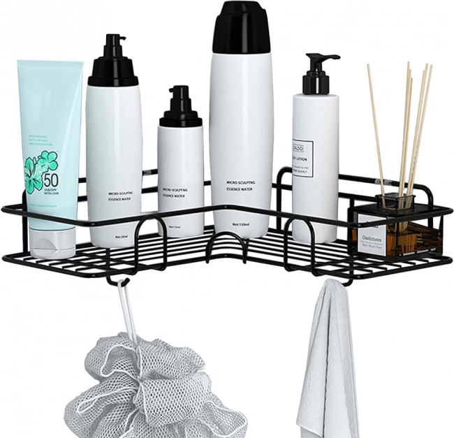 Corner metal shower shelf with hooks, self-adhesive, black