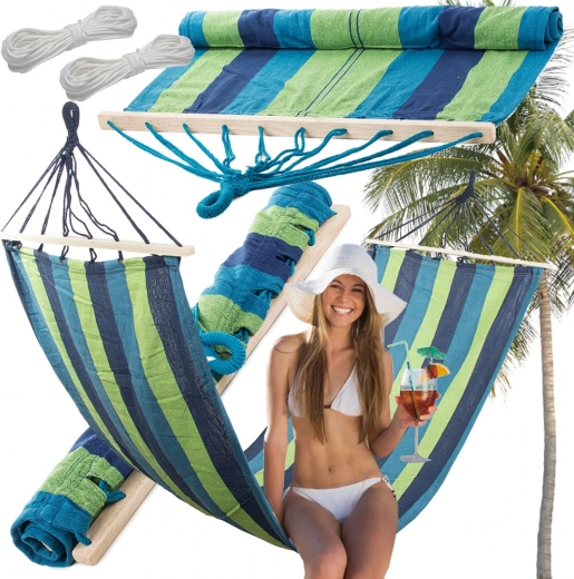 Garden hammock with wooden spreader, striped, 200 × 80 cm